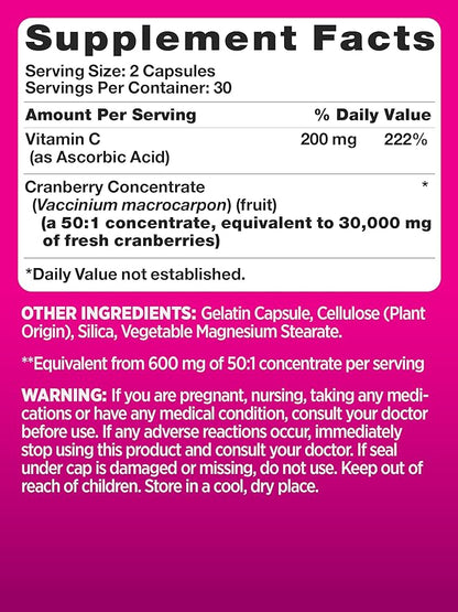 PINK Cranberry Pills for Women | 60 Capsules | Plus Vitamin C | Non-GMO & Gluten Free Extract Supplement | Supports Urinary Tract Health