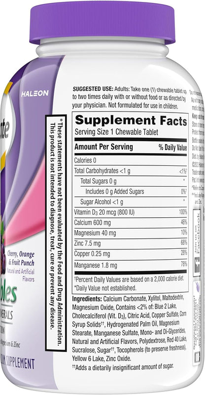 Caltrate Chewables 600 +D3 Plus Minerals Calcium and Vitamin D, Sugar Free, Cherry, Orange and Fruit Punch, 90 Count
