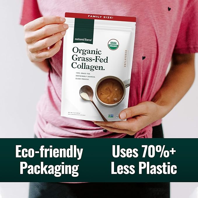 Natural Force Organic Clean Collagen Peptides Powder - USDA Certified Organic & Non-GMO, Keto & Paleo Certified - Hydrolyzed Type I & III Protein Powder with Essential Amino Acids – Unflavored, 32oz