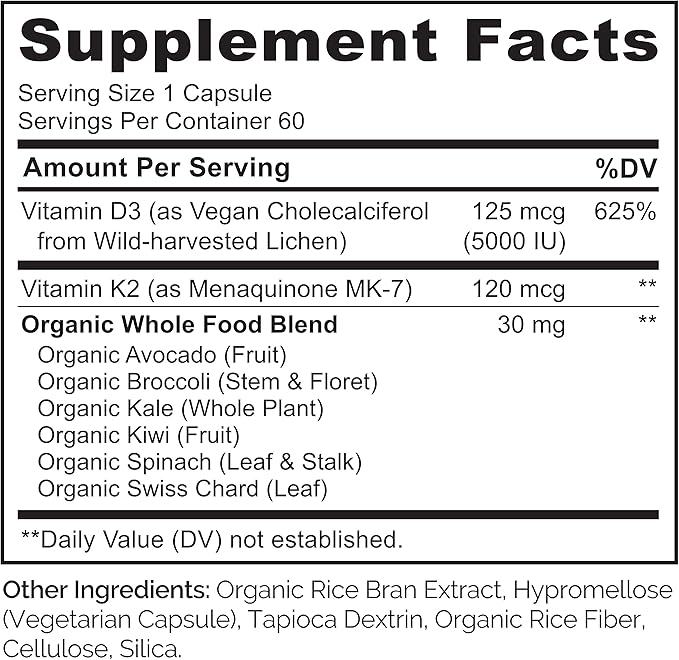 NATURELO Vitamin D3 K2 - Vegan K2+D3 with Plant Based D3 from Lichen - Natural D3 Supplement for Immune System, Bone Support, Heart Health - Whole Food - Non-GMO - Gluten Free, 60 Capsules (Pack of 2)