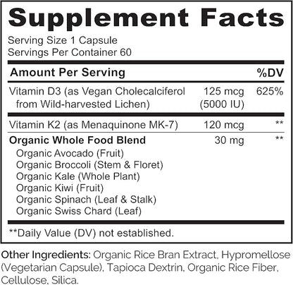 NATURELO Vitamin D3 K2 - Vegan K2+D3 with Plant Based D3 from Lichen - Natural D3 Supplement for Immune System, Bone Support, Heart Health - Whole Food - Non-GMO - Gluten Free, 60 Capsules (Pack of 2)