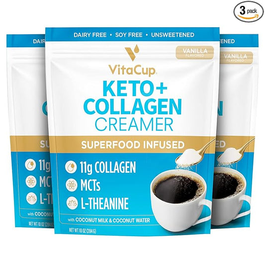 VitaCup Keto + Collagen Coffee Creamer Vanilla Flavor w/MCT, Collagen Protein, Coconut Water, L-Theanine for Keto Diet, Coffee, Smoothies, & Shakes, Dairy-Free, Gluten-Free, Soy-Free, 3 bags,10oz each