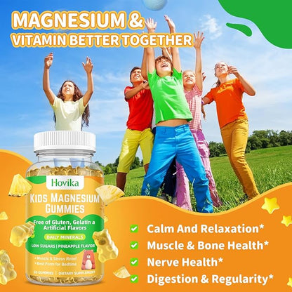 Magnesium Glycinate Gummies for Kids & Adults - Vitamin B6 & D3 - Great Tasting Kids Magnesium Calm Gummies for Promotes Sleep, Energy and Calm, Vegan Pineapple Flavor 60 Count