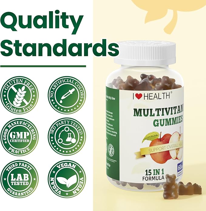 I LOVE HEALTH® 15-in-1 Multivitamin Gummies for Adults & Kids - Enhanced Formula with Vitamin A, C, D3, E, B12, Zinc, Magnesium & More - Apple Flavor - 60 Gummies per Bottle - Made in cGMP Facility