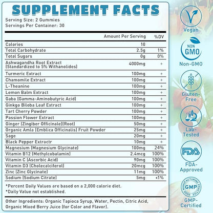 2 Pack Ashwagandha Gummies, Organic Ashwa Root Extract Supplement for Women & Men, Vegan, Gluten-Free, Mixed Berry Flavor, 120 Count