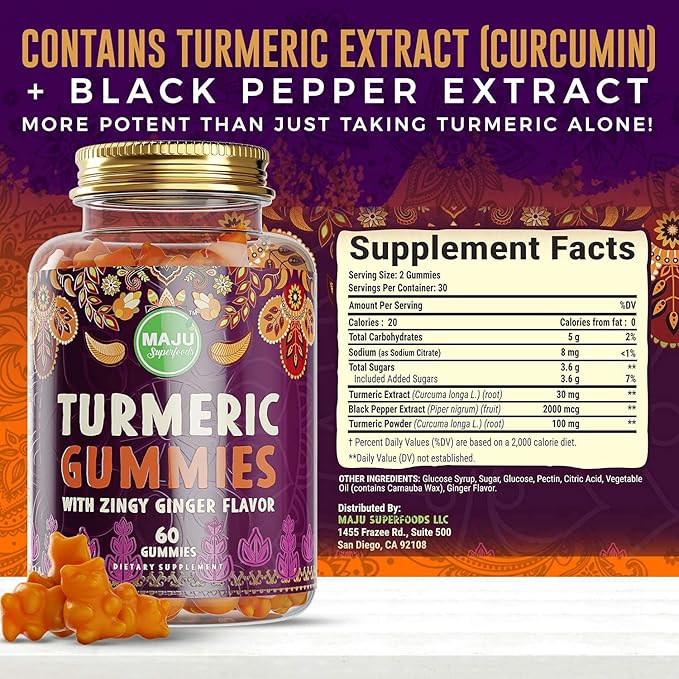 Maju Superfoods Turmeric Curcumin Gummies 60ct, Zingy Ginger Taste, Black Pepper Extract for Enhanced Absorption and Potency, Turmeric Gummies for Adults and Kids