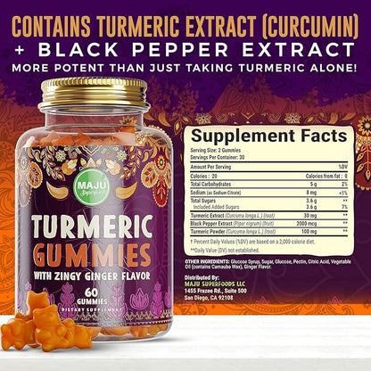 Maju Superfoods Turmeric Curcumin Gummies 60ct, Zingy Ginger Taste, Black Pepper Extract for Enhanced Absorption and Potency, Turmeric Gummies for Adults and Kids