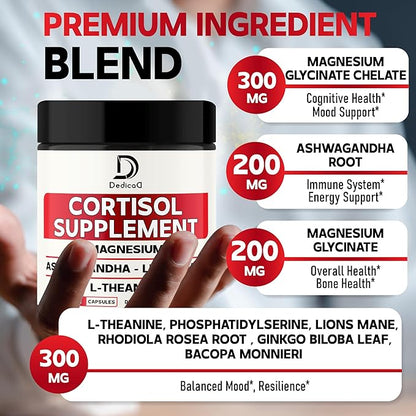 9in1 Cortisol Supplement - Ashwagandha and Magnesium Glycinate and Chelate - Brain Health & Restful Night & Mood Balance - 90 Capsules Supply 45 Days