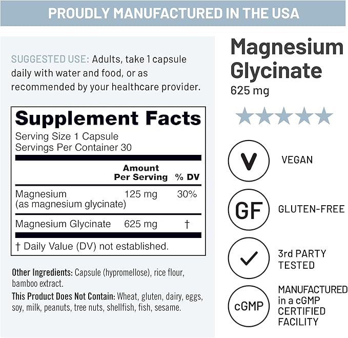 NatureWise Magnesium Glycinate 625 mg - Equal to 125 mg Elemental Mg - Chelated Magnesium Glycinate for Sleep, Relaxation, Muscle & Bones* - Gentle on Stomach, Vegan - 30 Capsules[30-Day Supply]