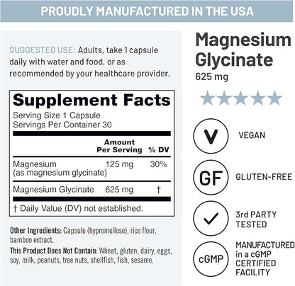 NatureWise Magnesium Glycinate 625 mg - Equal to 125 mg Elemental Mg - Chelated Magnesium Glycinate for Sleep, Relaxation, Muscle & Bones* - Gentle on Stomach, Vegan - 30 Capsules[30-Day Supply]