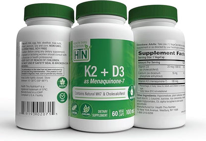 Health Thru Nutrition K2 + D3 Complex | K2 100mcg as MenaQ7 Menaquinone 7 MK7 & D3 1,000iu | 3rd Party Tested | Non-GMO (Pack of 60)