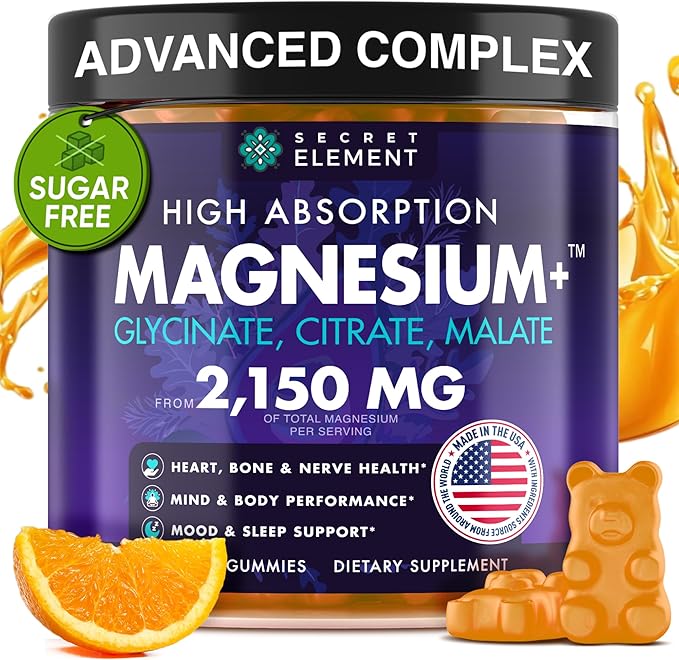 Magnesium Glycinate 2150MG Gummies for Women and Men, High Absorption Magnesium Glycinate, Citrate, Malate Gummies for Adults & Kids, Magnesium for Sleep Support, Sugar Free, Vegan, 60 Chews, Orange