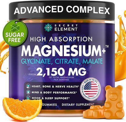 Magnesium Glycinate 2150MG Gummies for Women and Men, High Absorption Magnesium Glycinate, Citrate, Malate Gummies for Adults & Kids, Magnesium for Sleep Support, Sugar Free, Vegan, 60 Chews, Orange