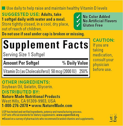 Nature Made Vitamin D3 2000 IU (50 mcg), Dietary Supplement for Bone, Teeth, Muscle and Immune Health Support, 90 Softgels, 90 Day Supply