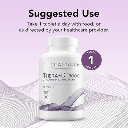 Theralogix Thera-D 6000 Vitamin D Supplement - 6,000 IU (150 mcg) Vitamin D3 Tablets - 90-Day Supply - Immune Support Supplement for Women & Men - Aids Bone & Heart Health - NSF Certified - 90 Tablets
