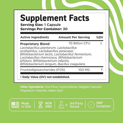 Vital Vitamins Probiotic Complex for Men & Women - 70 Billion CFU - Made with Prebiotic Blend - Digestive, Gut Health, & Immune Support - Powerful Blend of 10 Strains - 30 Capsules