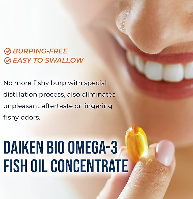 DAIKEN rTG Omega 3 1000mg, High Absorption & Burpless Fish Oil 1200 mg, Mini Fish Oil Softgels for Healthy Heart, Brain and Dry Eyes Support, 60 Small Softgels