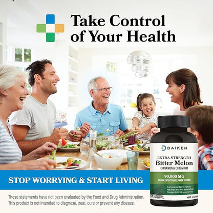 DAIKEN Bitter Melon, Cinnamon & Chromium, 90,000 mg Equivalent Per Serving Extra Strength, 100% Vegetarian Bitter Melon Capsules with Cinnamon Chromium & Zinc, 60 Capsules