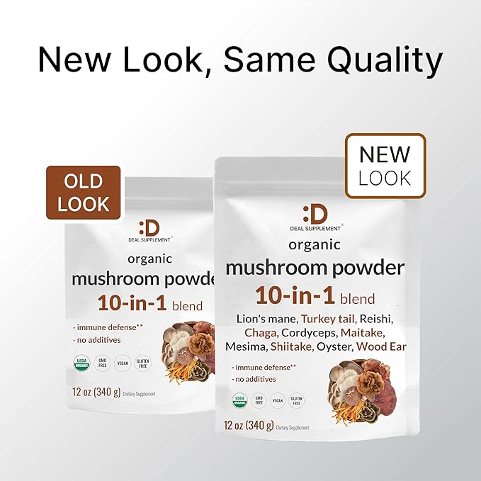 DEAL SUPPLEMENT Organic Mushroom Powder Supplement, 12oz – 10 in 1 Active Blend – Shiitake, Lions Mane, Cordyceps, Chaga, with More –Supports Immune, Energy, & Brain Health – Non-GMO, Vegan