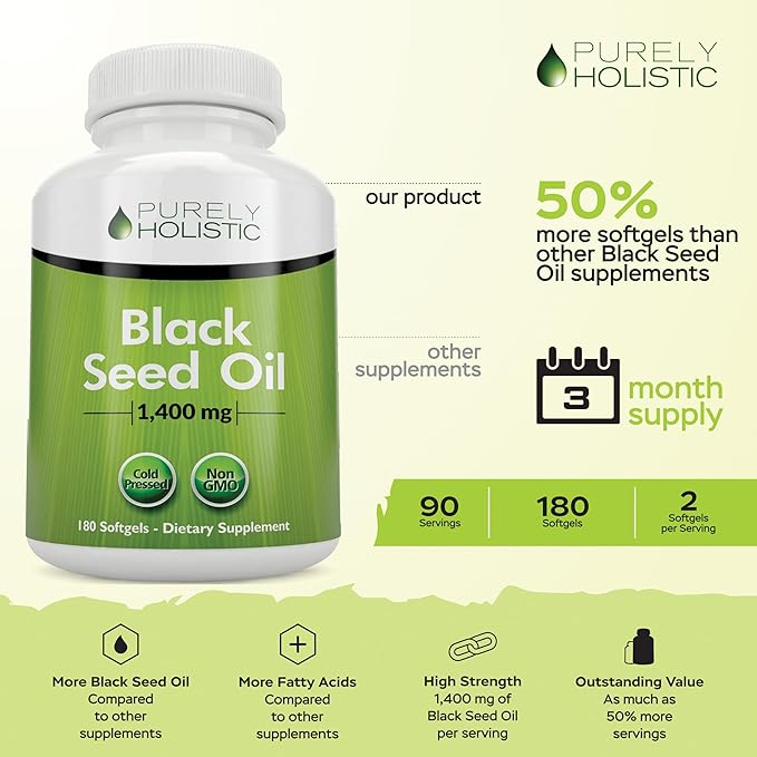 Black Seed Oil Capsules 1400mg, 180 Softgels, 3 Month Supply - Cold Pressed Nigella Sativa, Rich in Omega 6, 9 & TQ, Black Cumin Seed Oil, Immune Support, Joints and Digestion