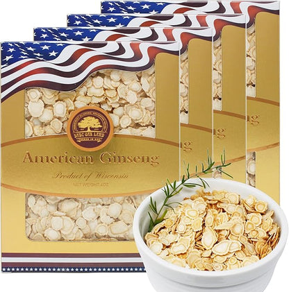 American Ginseng Slices from Wisconsin (Sliced Ginseng Root）Wisconsin Grown!Most People Use It to Make Ginseng Tea! Good for Health! (American Ginseng Slices (Small Round), 4 Boxes of 1 Pound)