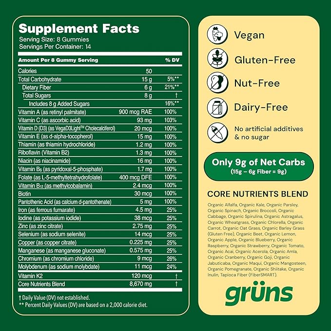 Gruns Adult Super Greens Gummies - Superfood Gummy Bears with Spirulina, Chlorella & Prebiotics for Digestive Health - Adaptogens Supplement with 20 Vitamins & Minerals, Low Sugar- 2-Week Supply