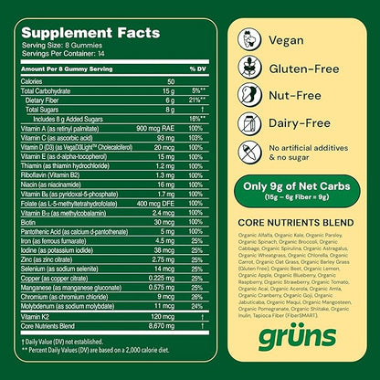 Gruns Adult Super Greens Gummies - Superfood Gummy Bears with Spirulina, Chlorella & Prebiotics for Digestive Health - Adaptogens Supplement with 20 Vitamins & Minerals, Low Sugar- 2-Week Supply