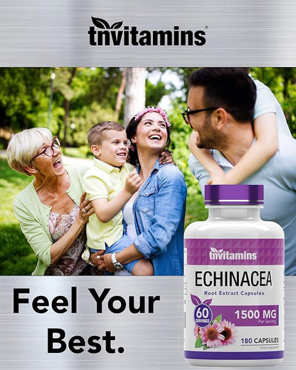Echinacea Capsules (1500 MG - 180 Capsules) | Supports Health & Well-Being | Echinacea Root Herbal Extract Supplement | Produced in The USA