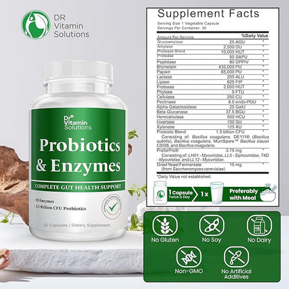 Probiotics and Multi Enzymes with Prebiotics for Digestive Health & Bloating Relief for Women & Men, Enzymes & Probiotics for Gut & Digestion - 30 Caps (1 Bottle, 30 Capsules)