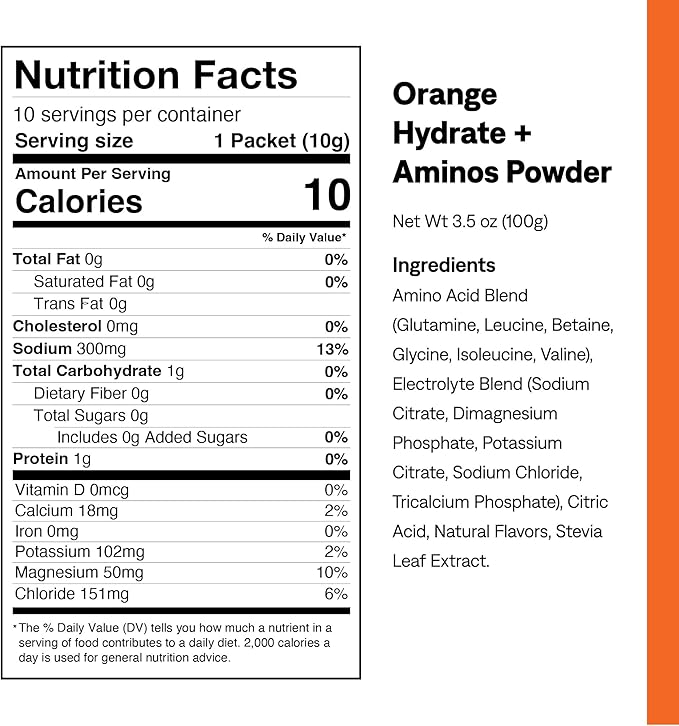 UCAN Hydrate + Aminos Packets, Orange, 10 Count, Keto, Sugar-Free Electrolyte + Muscle Recovery, Essential Electrolytes + EAAs & BCAAs, Non-GMO, Vegan, for Runners, Gym-Goers, Performance Athletes