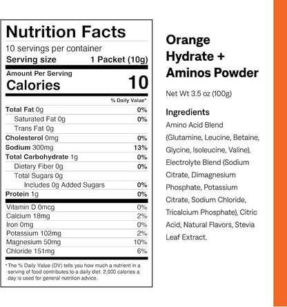 UCAN Hydrate + Aminos Packets, Orange, 10 Count, Keto, Sugar-Free Electrolyte + Muscle Recovery, Essential Electrolytes + EAAs & BCAAs, Non-GMO, Vegan, for Runners, Gym-Goers, Performance Athletes