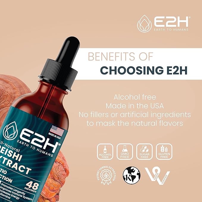 E2H Reishi Mushroom Extract - All-Natural Energy, Vitality and General Wellness Support from Advanced Mushroom Supplement - Reishi Mushrooms Supplement - Non-GMO, Vegan (2 Bottles)