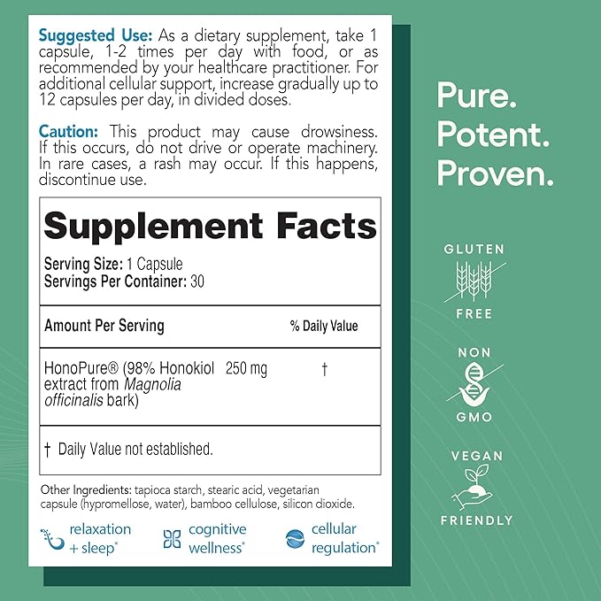 EcoNugenics HonoPure Magnolia Bark Extract – 98% Pure Honokiol Supplement Helps with Brain Function, Sleep Aid, Stress Relief & Overall Mood – Nootropic with GABA & Antioxidant Support – 30 Capsules