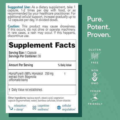 EcoNugenics HonoPure Magnolia Bark Extract – 98% Pure Honokiol Supplement Helps with Brain Function, Sleep Aid, Stress Relief & Overall Mood – Nootropic with GABA & Antioxidant Support – 30 Capsules