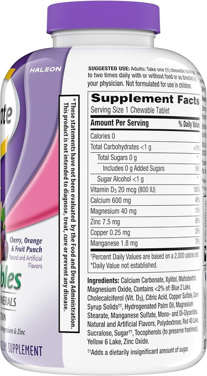 Caltrate Chewables 600 +D3 Plus Minerals Calcium and Vitamin D, Sugar Free, Cherry, Orange and Fruit Punch, 155 count