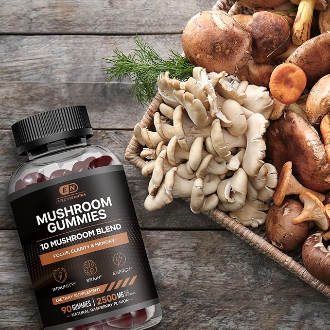 Mushroom Gummies 2500mg | 10 Blend w/Lions Mane, Reishi, Chaga, Cordyceps & More | Focus, Memory, Immunity, Energy | Natural Berry Flavor Supplement | Vegan, Made in USA (90ct)