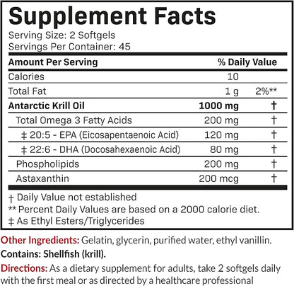 Futurebiotics Antarctic Krill Oil 1000mg with Omega-3s EPA, DHA, Astaxanthin and Phospholipids - Premium Krill Oil Heavy Metal Tested, Non GMO – 90 Softgels (45 Servings)