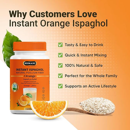 Hemani Instant Psyllium Husk Ispaghol 100g | Orange Flavored On-The-Go Fiber Supplement | Supports Digestive Health | Add to Water for a Refreshing Drink
