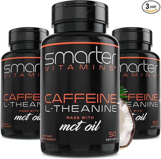 SmarterVitamins (3-Pack 200mg Caffeine Pills with 100mg L-Theanine + Coconut MCT Oil, Energy and Focus, Extended Release Capsule, 150 Liquid Softgels