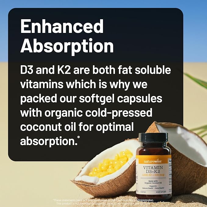 NatureWise Vitamin D3 4000IU + K2 (MK7) 100mcg with Organic Extra Virgin Coconut Oil - Supports Calcium Absorption, Bone & Immune Health - Non-GMO, Soy & Gluten-Free - 30 Softgels[1-Month Supply]