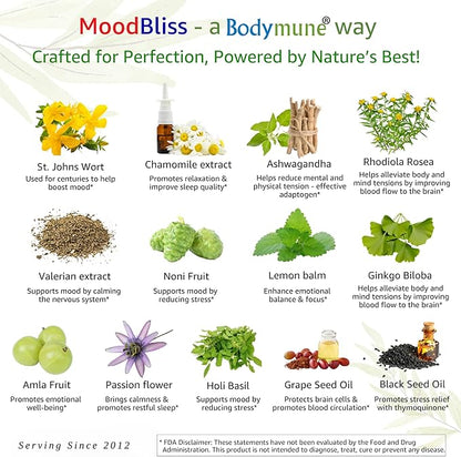 MoodBliss Mood Support Supplement, USA-Made USDA Organic Plant-Based Superfood for Stress Relief, Calm Mind & Body w/St John’s Wort Rhodiola Ashwagandha Valerian Medicinal Oils & More 60 ct