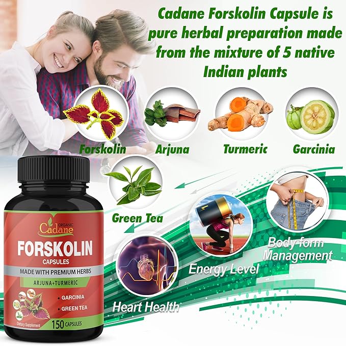 Organic Cadane Forskolin Supplement Capsules - 5in1 Concentrated with Turmeric Curcumin, Arjuna, Garcinia Cambogia, and Green Tea - 150 Capsules for 5 Months Supply