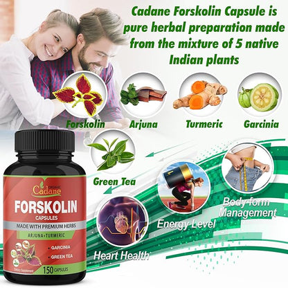 Organic Cadane Forskolin Supplement Capsules - 5in1 Concentrated with Turmeric Curcumin, Arjuna, Garcinia Cambogia, and Green Tea - 150 Capsules for 5 Months Supply