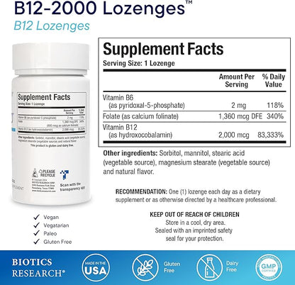Biotics Research B12-2000™ Vitamin B12 2000 mcg, B6, Folate Supplement - Supplies high Potency Level of B6, B12 Vitamins and folate - Natural, Delicious Berry Flavor, Dissolves Easily -60 Lozenges