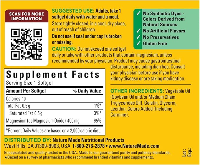 NatureMade Extra Strength Magnesium 400 mg for Bone Health, 1-Pack of 180 Softgels