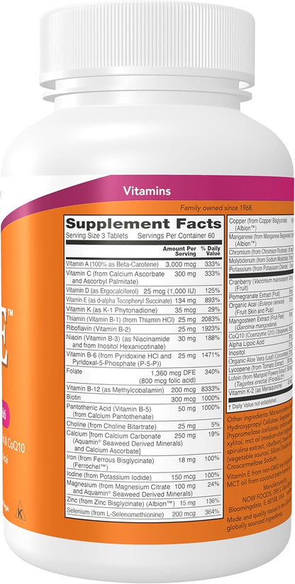 NOW Foods Supplements, Eve™ Women's Multivitamin with Cranberry, Alpha Lipoic Acid and CoQ10, plus Superfruits - Pomegranate, Acai & Mangosteen, 180 Tablets