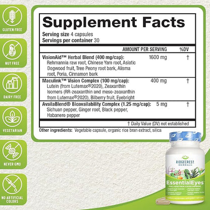 Ridgecrest Herbals EssentialEyes, Natural Eye Vitamin Supplements, Contains Lutein, Zeaxanthin, Bilberry Extract, Supports Eye and Vision Health (120 Vegan Caps, 30 Serv)