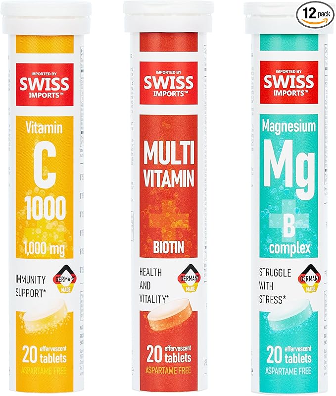 Effervescent Variety Pack with Vitamin C 1000mg, Magnesium + B Complex, Multivitamin + Biotin, 12-Pack, 240 Tablets