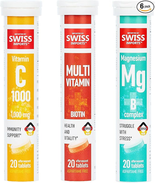Effervescent Variety Pack with Vitamin C 1000mg, Magnesium + B Complex, Multivitamin + Biotin, 6-Pack, 120 Tablets