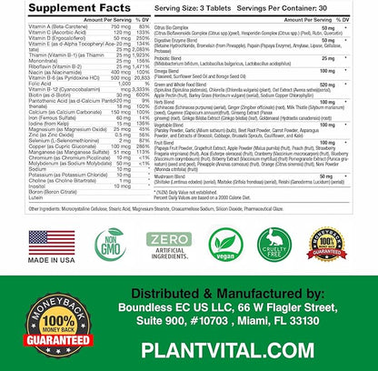 Plantvital Whole Food Multivitamin - Multivitamins with 42 Superfoods Raw Veggies and Fruits Vitamins Earth Energy Fruits and Veggies Supplement Pure Fruit and Vegetable Supplements - 180 Tablets
